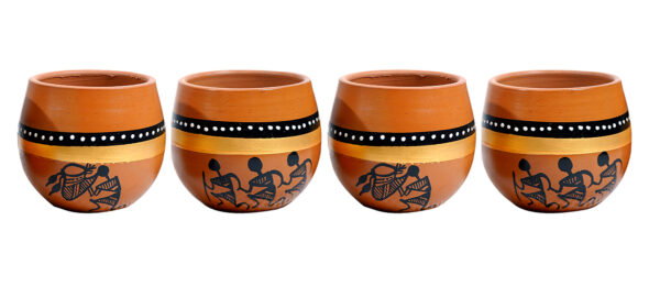 Terracotta Handmade Handpainted, Warli Art Kulhad reusable, Set of 4 pieces