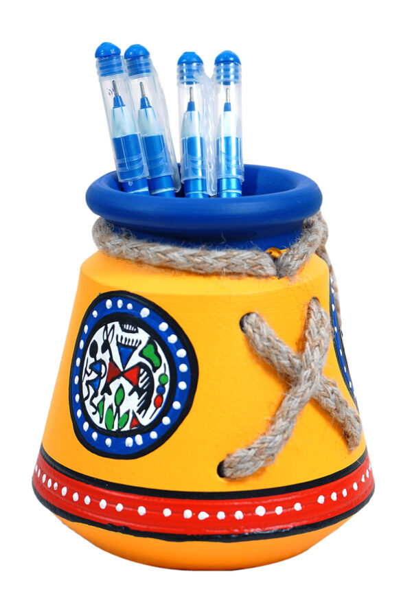 Terracotta Handmade Handpainted Warli Art & Clay Stationery Pen Holder Stand