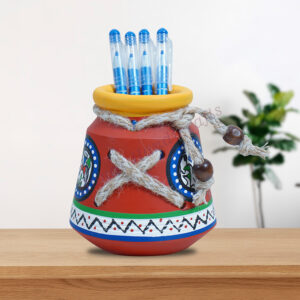 Terracotta Art Hand Painted & Clay Stationery Pen Holder Stand red