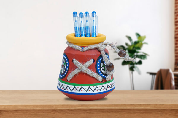 Terracotta Art Hand Painted & Clay Stationery Pen Holder Stand red
