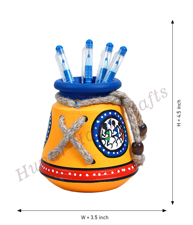 Terracotta Handmade Handpainted Warli Art & Clay Stationery Pen Holder Stand