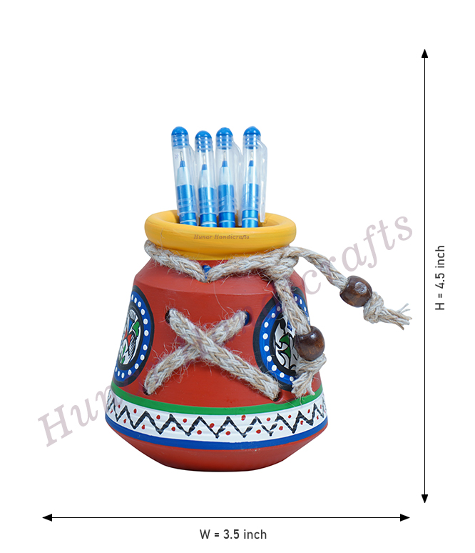 Terracotta Art Hand Painted & Clay Stationery Pen Holder Stand