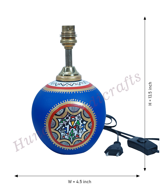 Terracotta Handmade Handpainted Warli Art, Table lamp for bedroom and living area blue