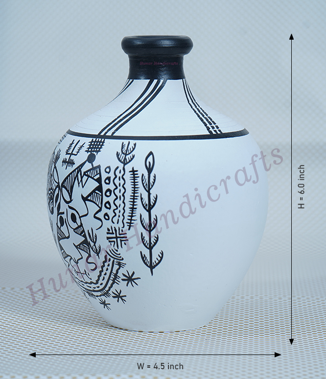 Terracotta Handmade Handpainted Warli Art Flowerpot White